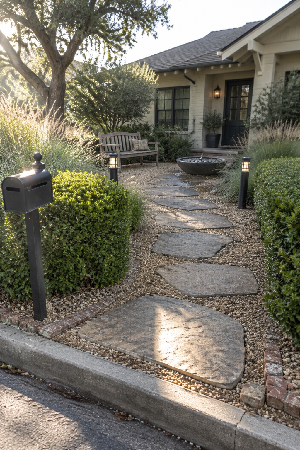 A gravel path lined with large irregular stepping stones leads toward a house entrance, bordered by shrubs, a wooden bench, and a black mailbox on the left.