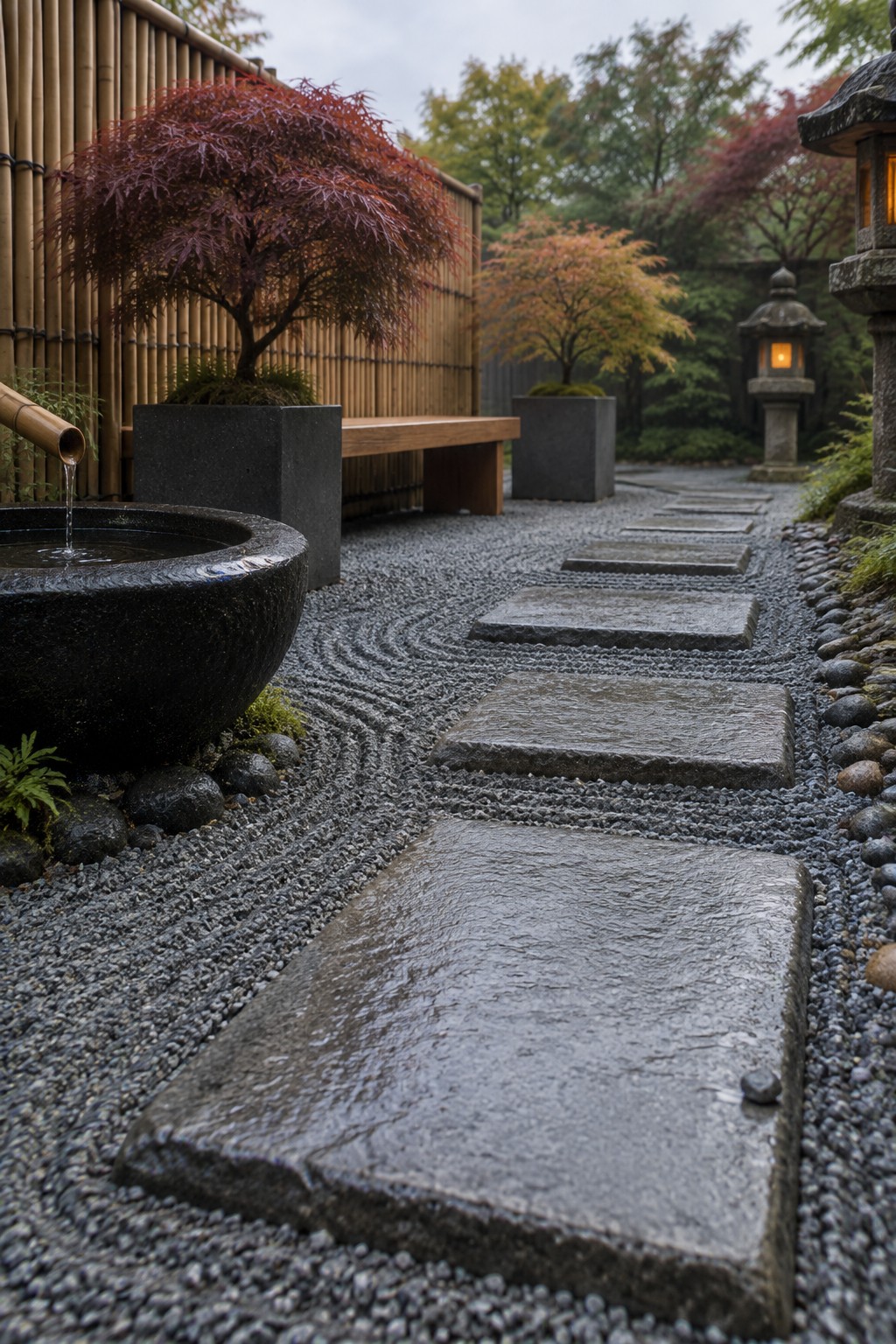 A gravel garden path lined with rectangular stone stepping stones, a dark stone water basin on the left, and autumn trees in the background.
