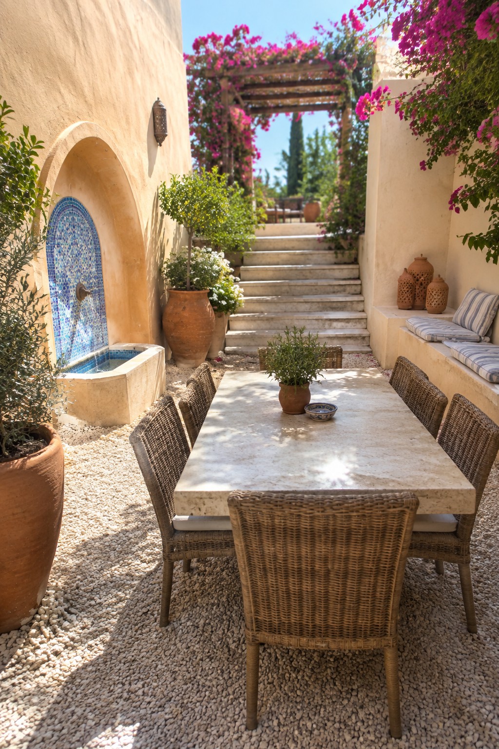A rectangular stone dining table with woven chairs sits on gravel between stucco walls, with a tiled fountain niche on the left and potted plants nearby.