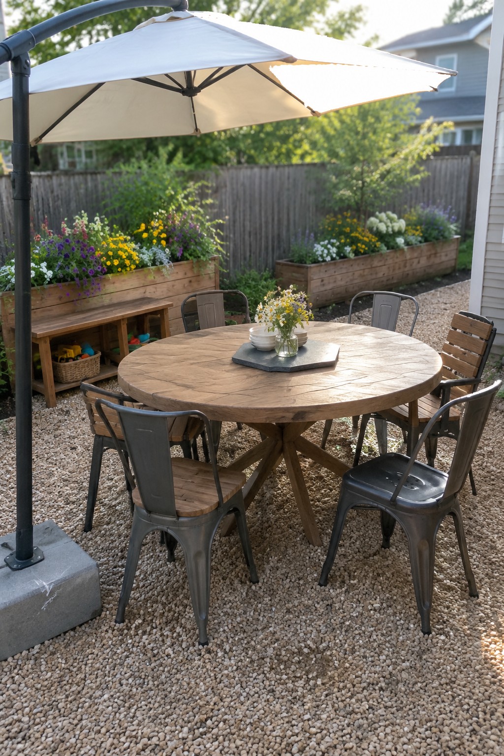 A round wooden table with metal chairs sits on gravel under a large white umbrella, with raised flower beds and a wooden fence in the background.