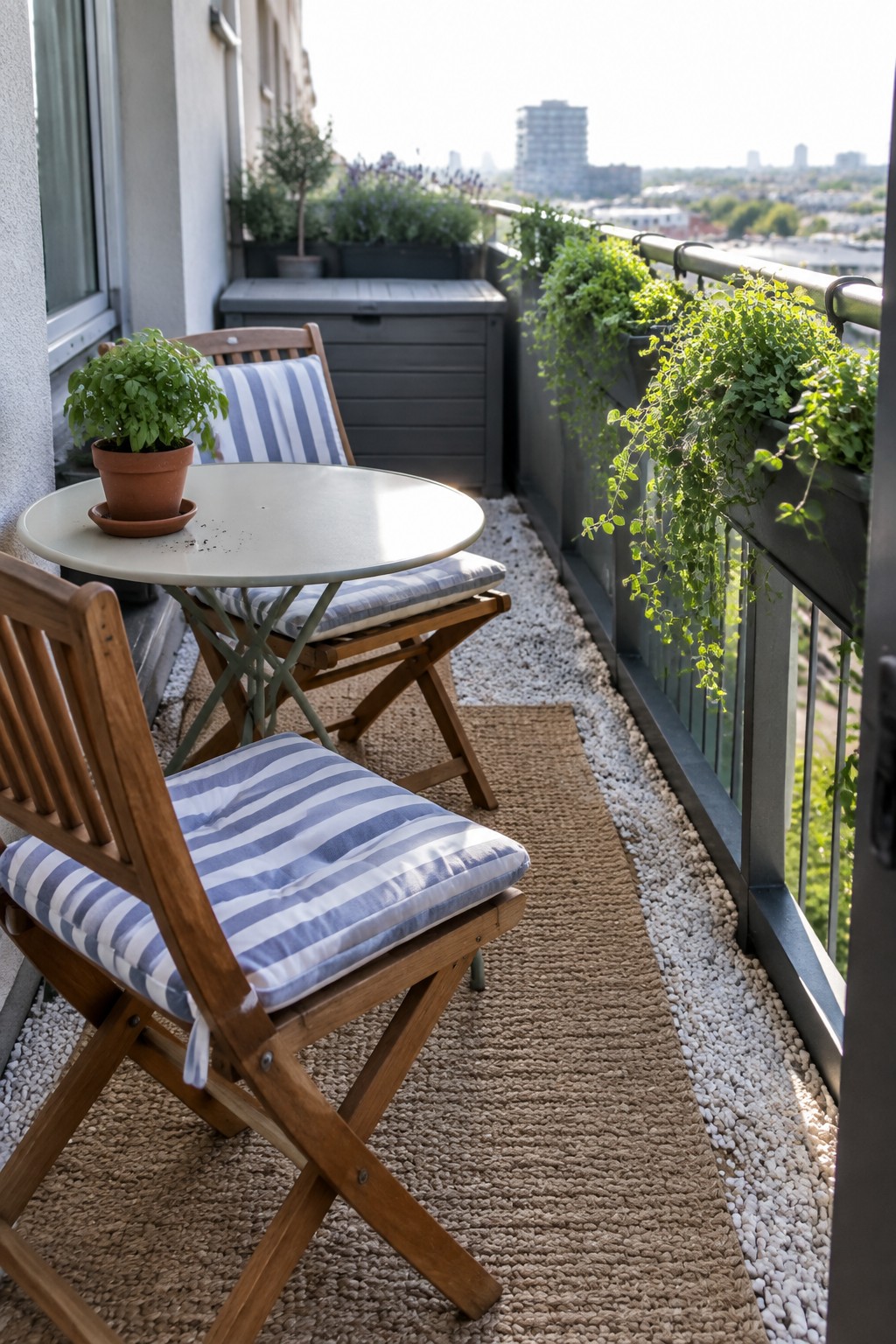 A balcony patio with white gravel, a woven rug, two wooden folding chairs with striped cushions, and a round table holding a potted plant.