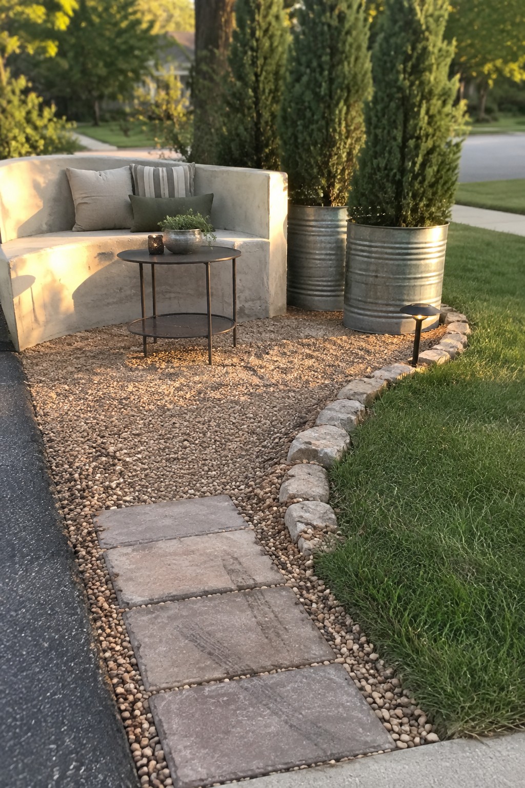 Curved concrete bench with pillows beside gravel path and potted evergreen trees