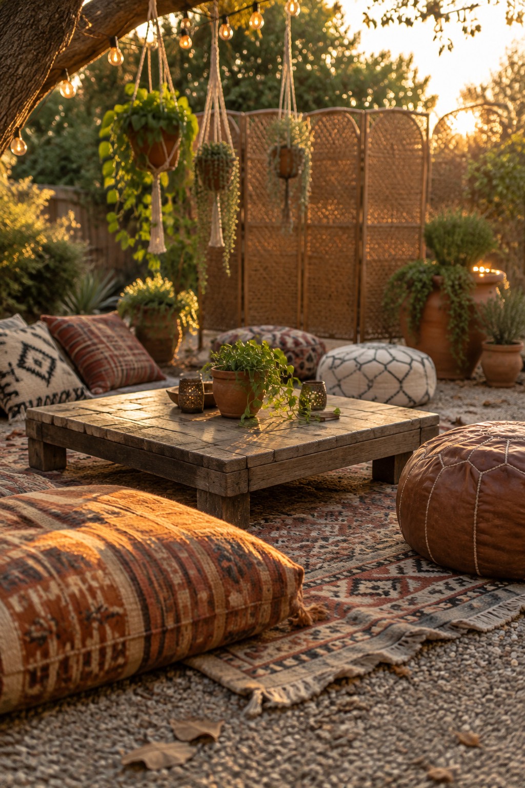Bohemian patio with low wooden table, patterned rugs, cushions, hanging plants, and string lights