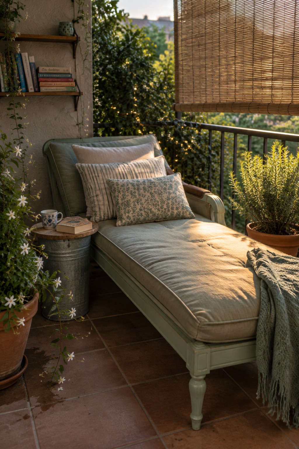 A light green chaise lounge with pillows sits on a tiled balcony next to potted plants and a metal barrel used as a side table.
