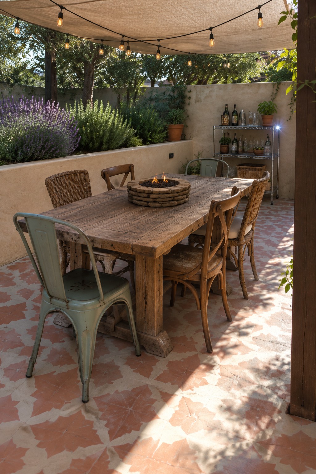 A rustic wooden dining table with a round fire pit in the center sits on a tiled patio under a shade sail and string lights, surrounded by mixed chairs.