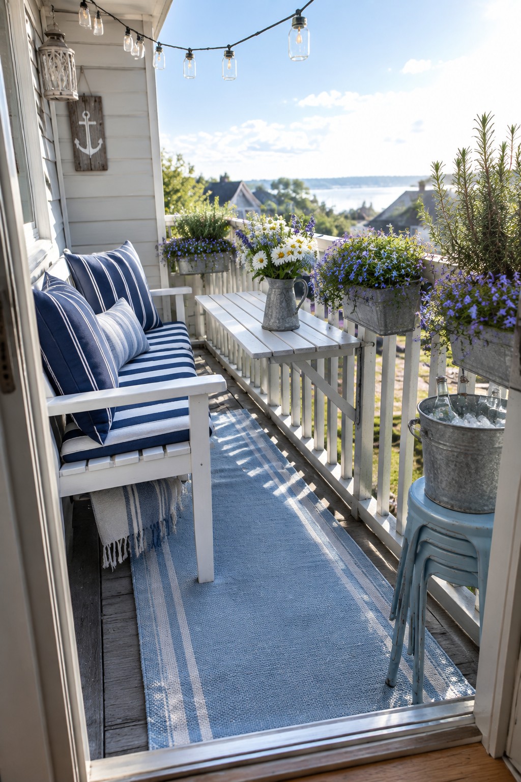 A white wooden porch features a long blue and white striped rug under a cushioned bench and small table, with potted flowers along the railing and a view of water beyond.