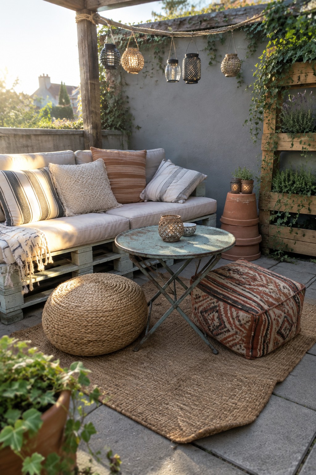 A patio seating area with a pallet sofa, woven pouf, patterned ottoman, round metal table, and hanging lanterns arranged on a large jute rug.