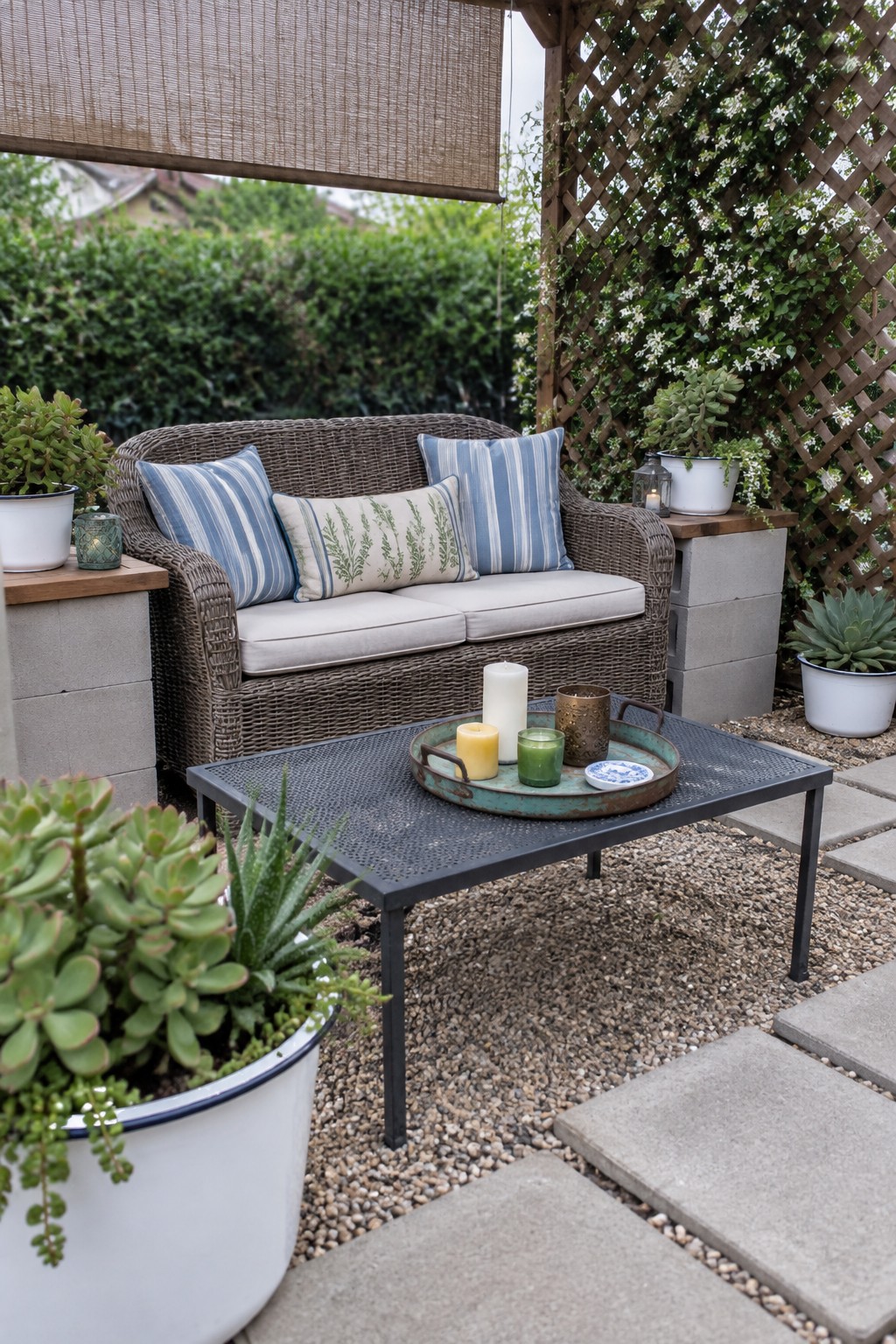 Outdoor patio seating area with a wicker sofa, metal coffee table holding candles on a tray, multiple potted succulents, gravel ground, and stone pavers.