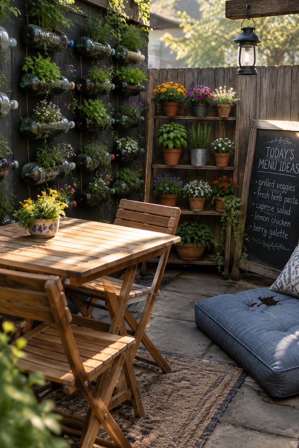A patio corner with a dark wooden wall covered in multiple rows of horizontal plastic bottle planters holding herbs and flowers, next to a wooden table and chair set.