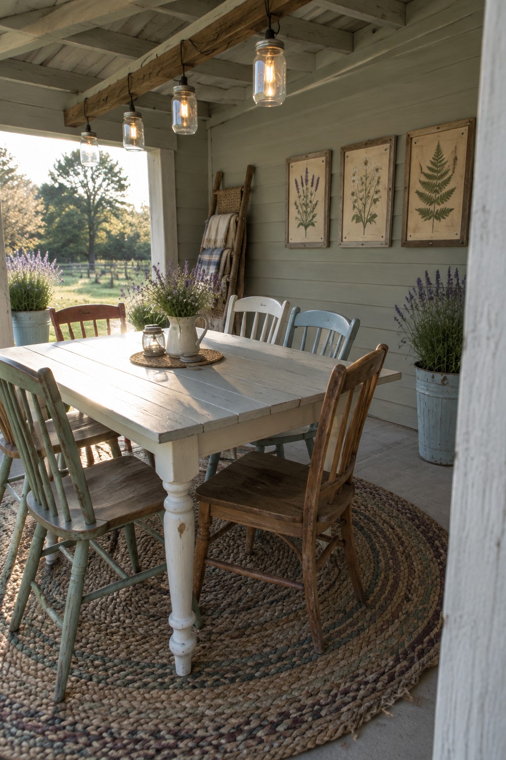 A whitewashed wooden dining table with mismatched chairs sits centered on a large round braided rug beneath a covered porch, with hanging glass jar lights and botanical wall prints visible.