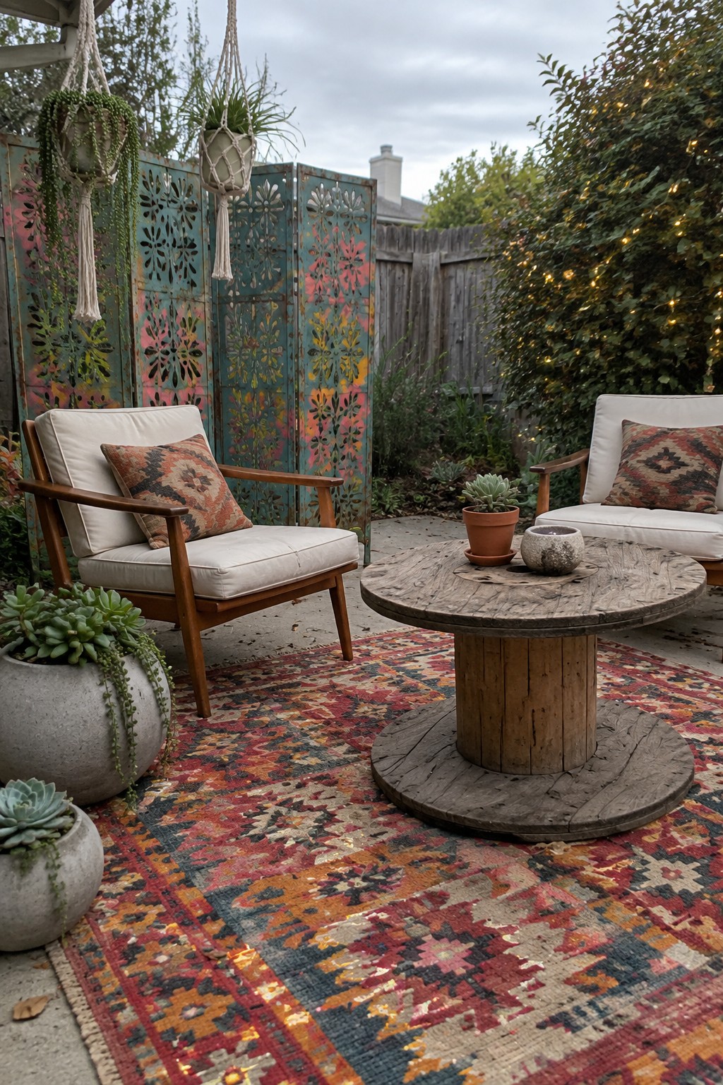 Cozy patio with two cushioned armchairs, spool table, colorful rug, and hanging plants.