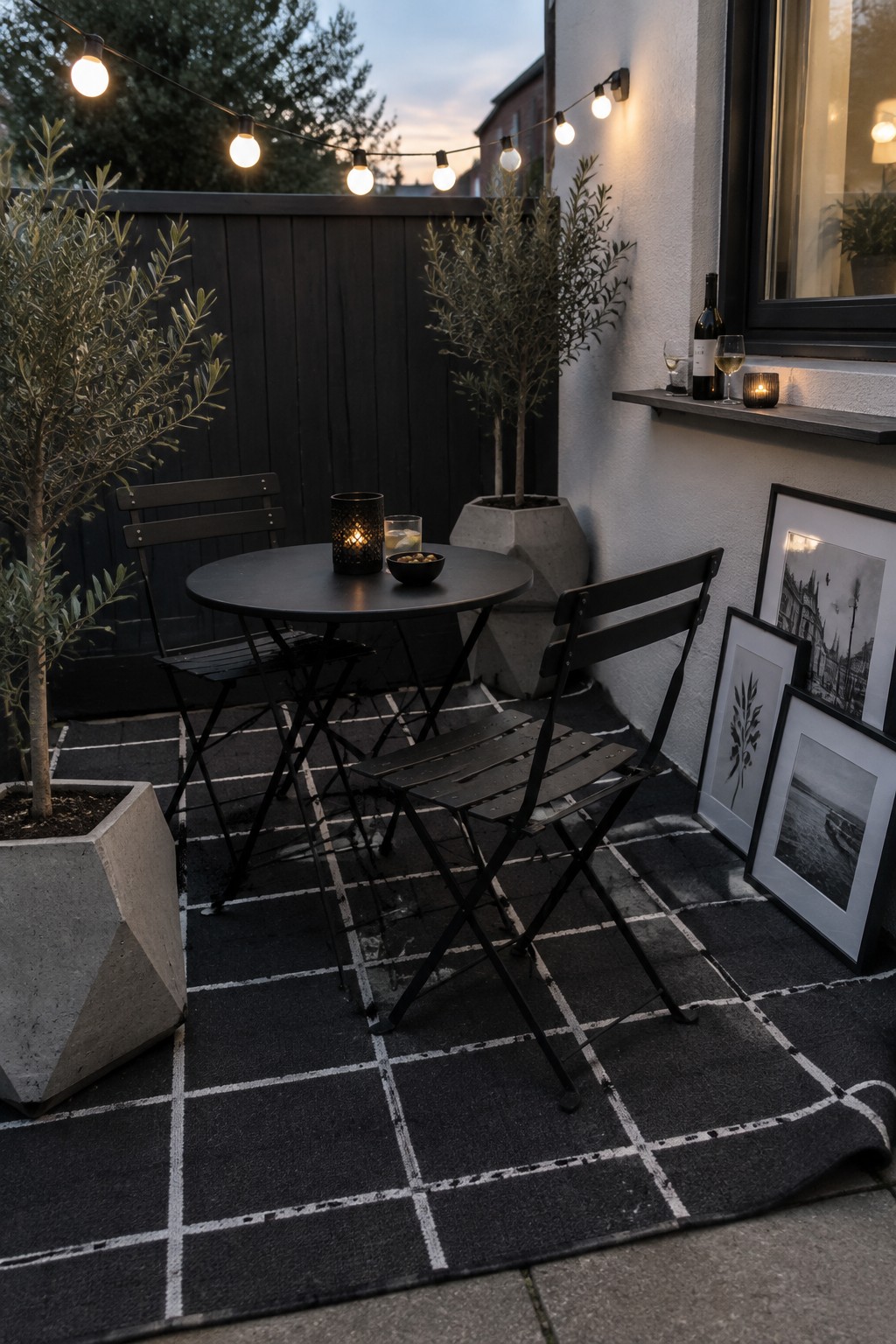 A small patio at dusk with a black and white grid-patterned rug, round metal table, two folding chairs, potted trees, string lights, and framed art leaning against the wall.