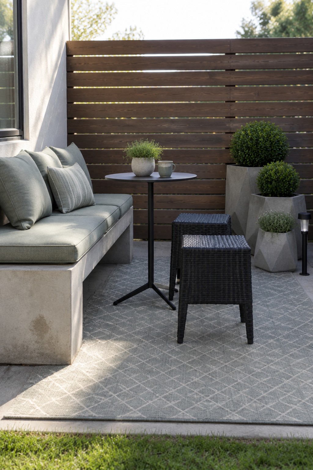 Outdoor patio with green-cushioned bench, round table, black woven stools on patterned rug