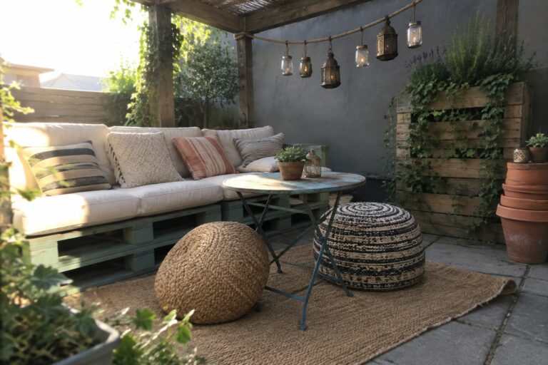 A patio seating area with a pallet sofa, woven pouf, patterned ottoman, round metal table, and hanging lanterns arranged on a large jute rug.