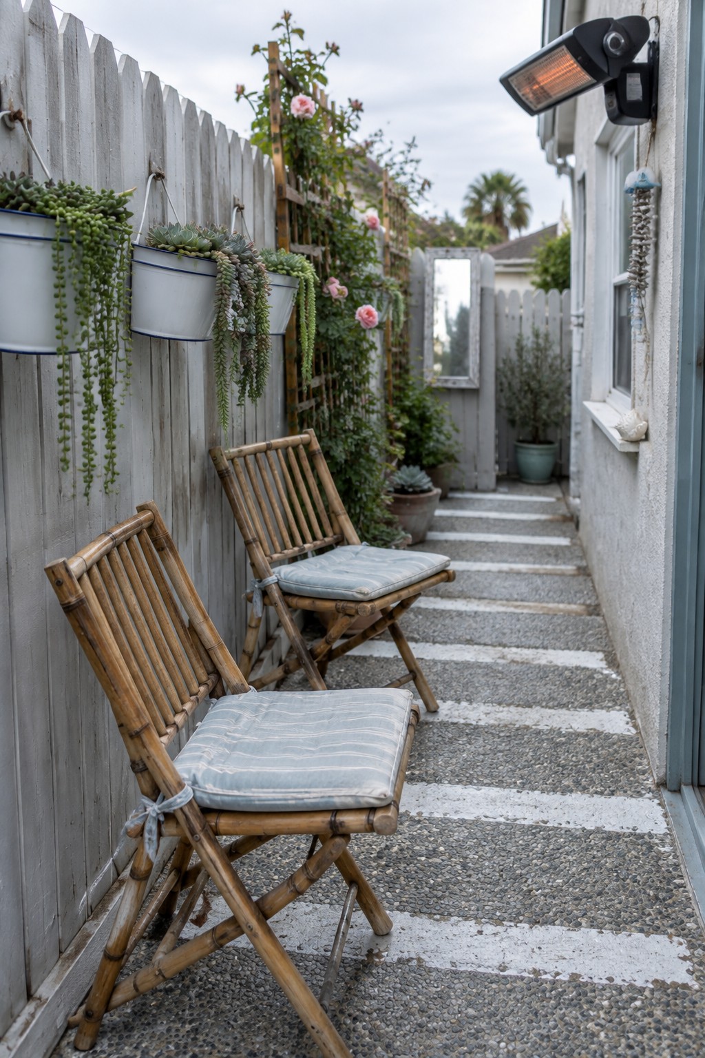 Two bamboo folding chairs with striped cushions sit on a gravel path beside a white fence with hanging succulent planters.