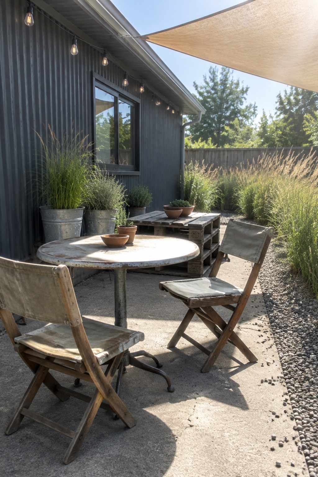 A patio scene showing a round metal table with two wooden folding chairs, a pallet table in the background, and a beige shade sail stretched overhead beside a dark corrugated metal building.