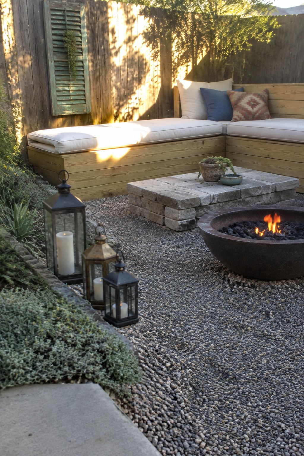 Outdoor patio with wooden built-in seating, gravel surface, round fire pit, and several lit lanterns placed near low plants.