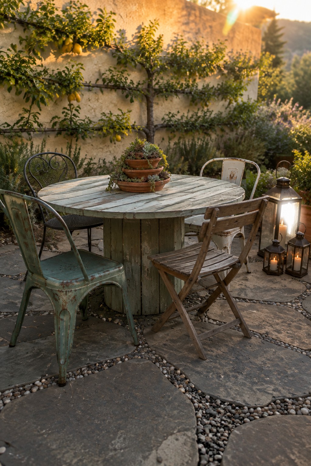 A round wooden patio table with mismatched metal and wooden chairs arranged around it on stone pavers, a stack of potted succulents in the center, and several lit lanterns placed nearby.