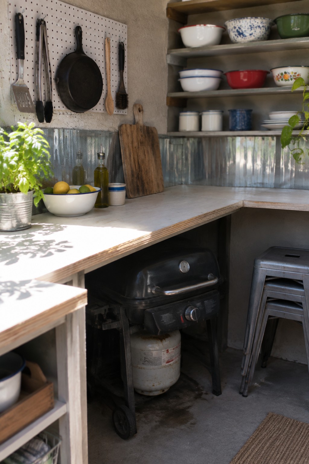 An outdoor kitchen area with a concrete counter, black grill on wheels below it, open metal shelves holding bowls above, and a pegboard with utensils mounted on the wall to the left.