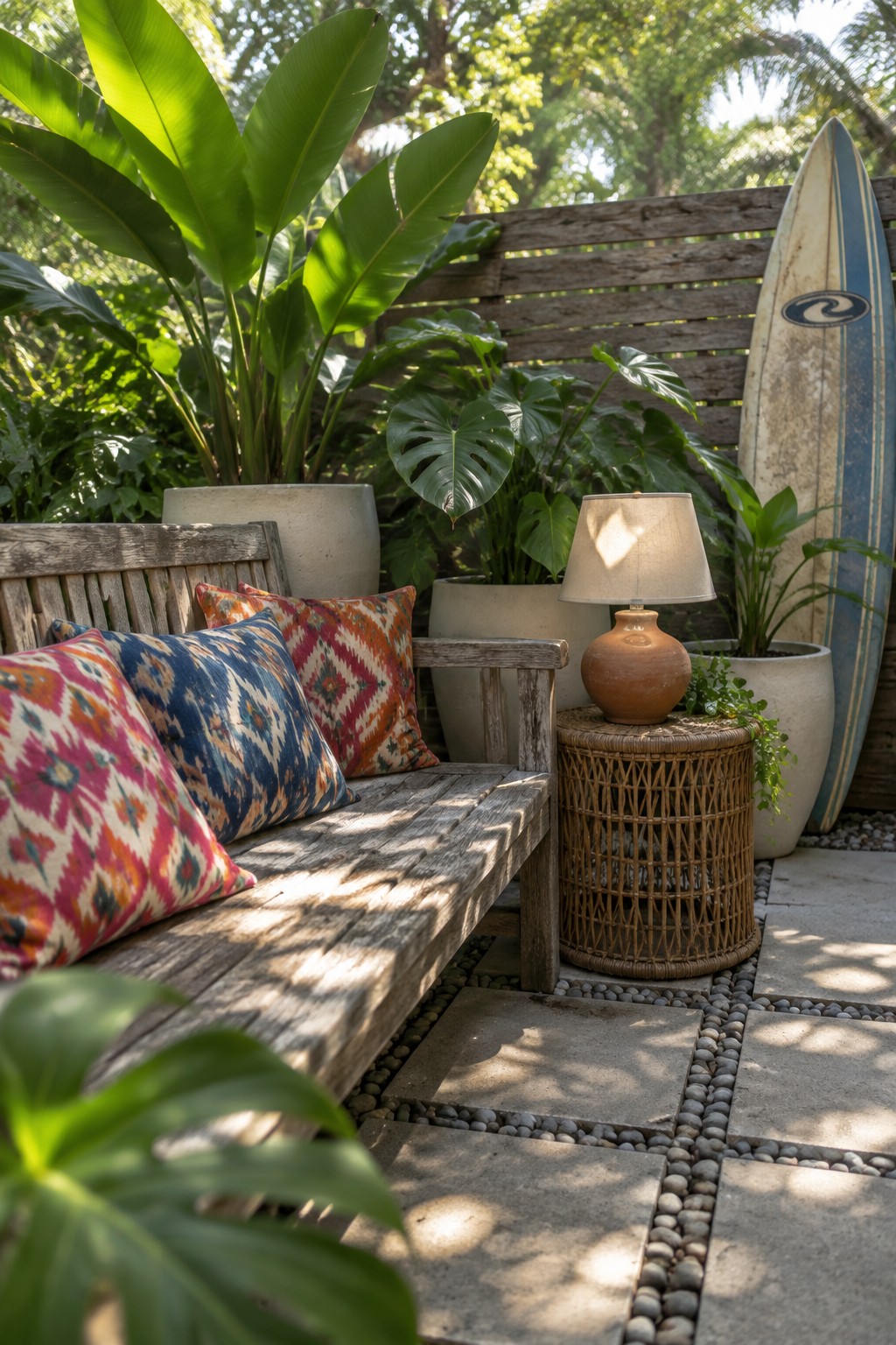 A wooden bench with colorful patterned pillows on a stone patio, surrounded by potted plants and a surfboard leaning against a wooden fence.