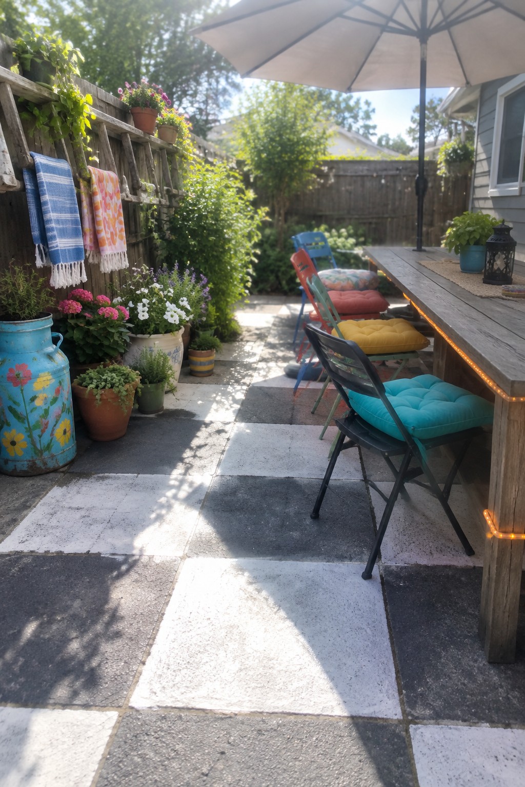 A long wooden patio table with string lights along one side, colorful cushioned folding chairs, and potted plants arranged on a black and white checkered stone floor.