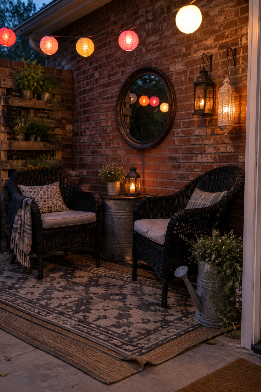 Outdoor patio with two wicker chairs on a patterned rug, string lights with paper lanterns overhead, and metal lanterns mounted on a brick wall.