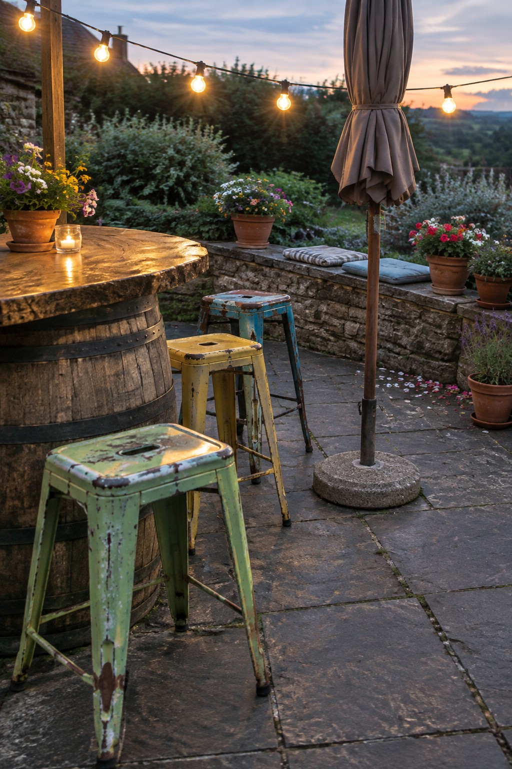 A patio at dusk with a barrel table, colorful metal stools, potted flowers, a closed umbrella, and string lights strung overhead.