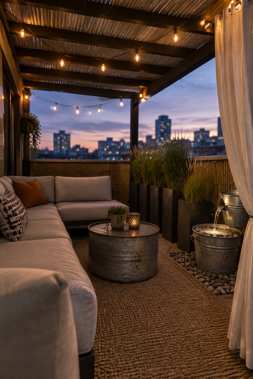 A covered patio at dusk with a light gray sectional sofa, round metal coffee table, potted grasses, string lights strung overhead, and a city skyline in the background.