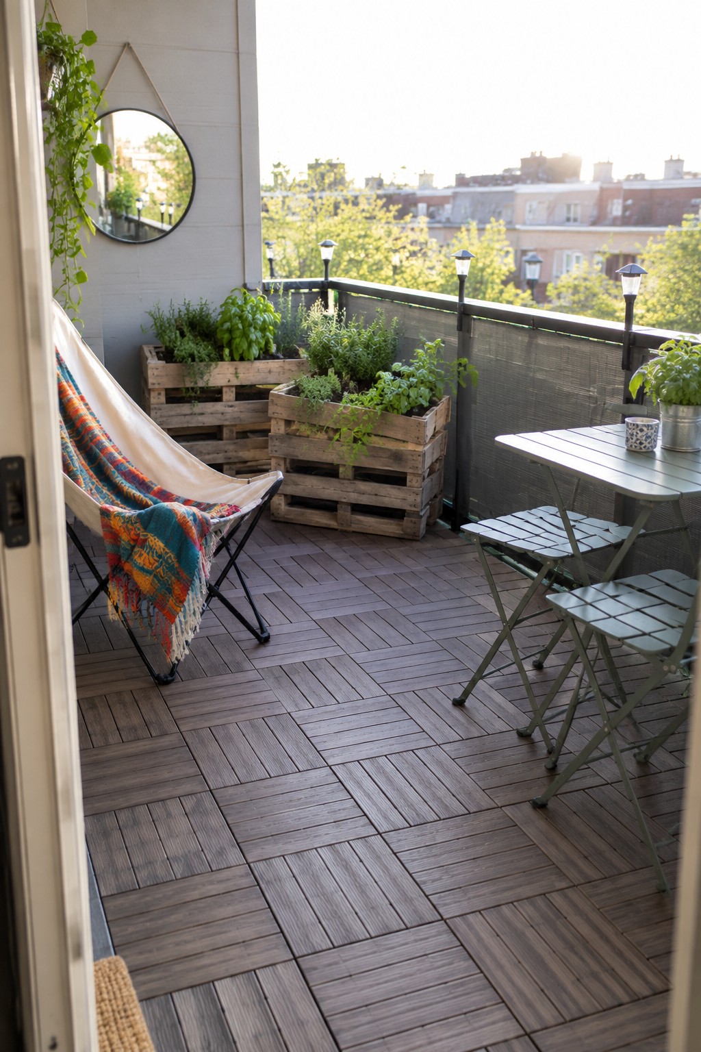 Cozy balcony with wooden tiles, colorful lounge chair, pallet planters, and bistro table.