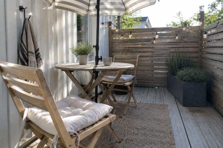 20 Clever Small Patio Ideas on a Budget Featuring Folding Furniture A small wooden deck patio with folding chairs around a round table under a striped umbrella, a woven rug, string lights overhead, and potted plants along the side.