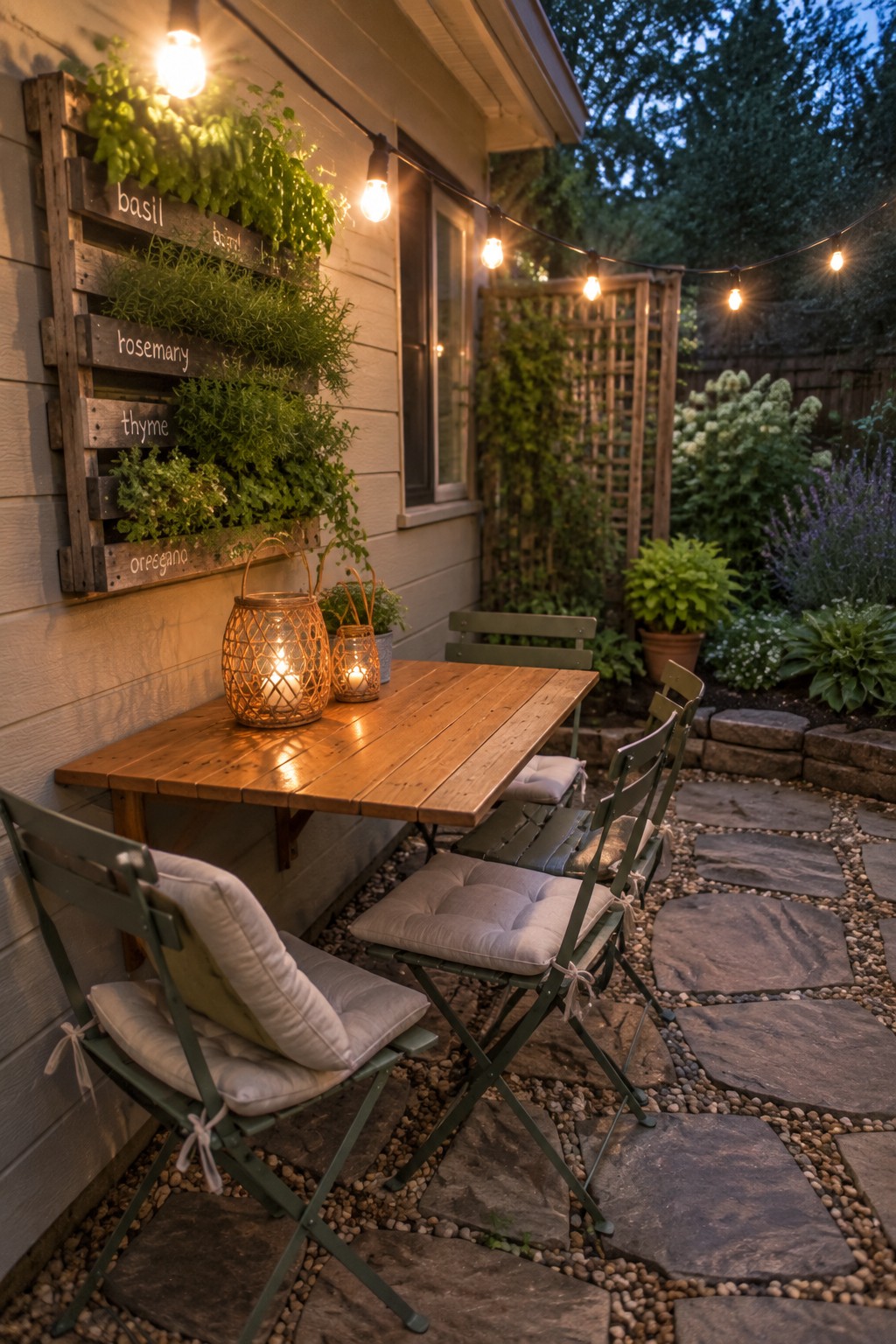 A small patio at dusk with a wooden table, several green folding chairs with light cushions, string lights overhead, and a wall-mounted pallet herb garden.