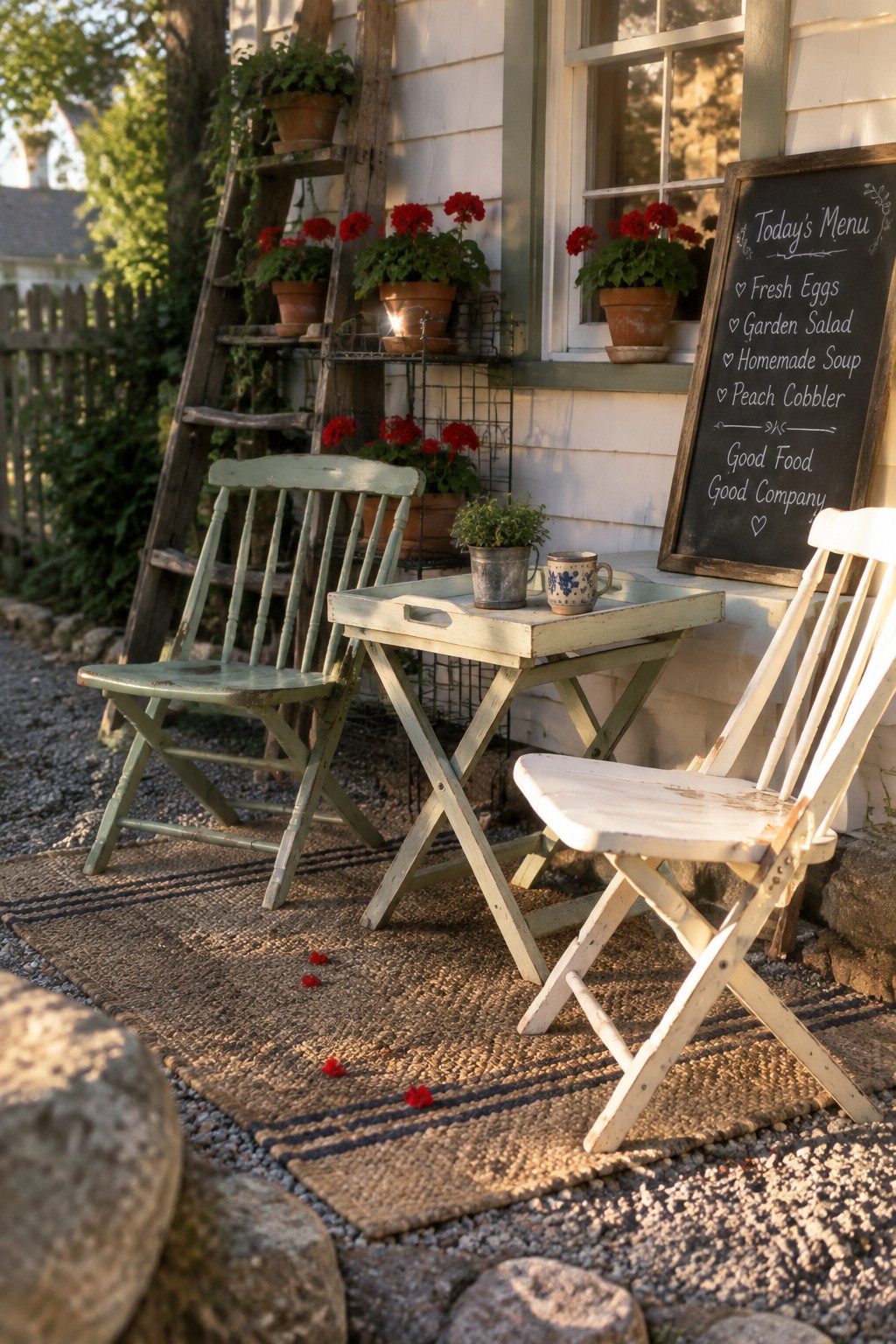Weathered green and white chairs around tray table on rug with red flowers and menu board