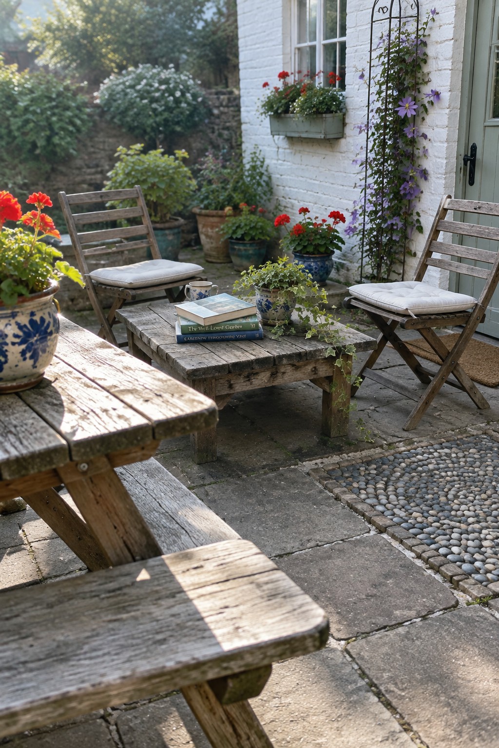 Rustic wooden table with books and potted flowers on stone garden patio