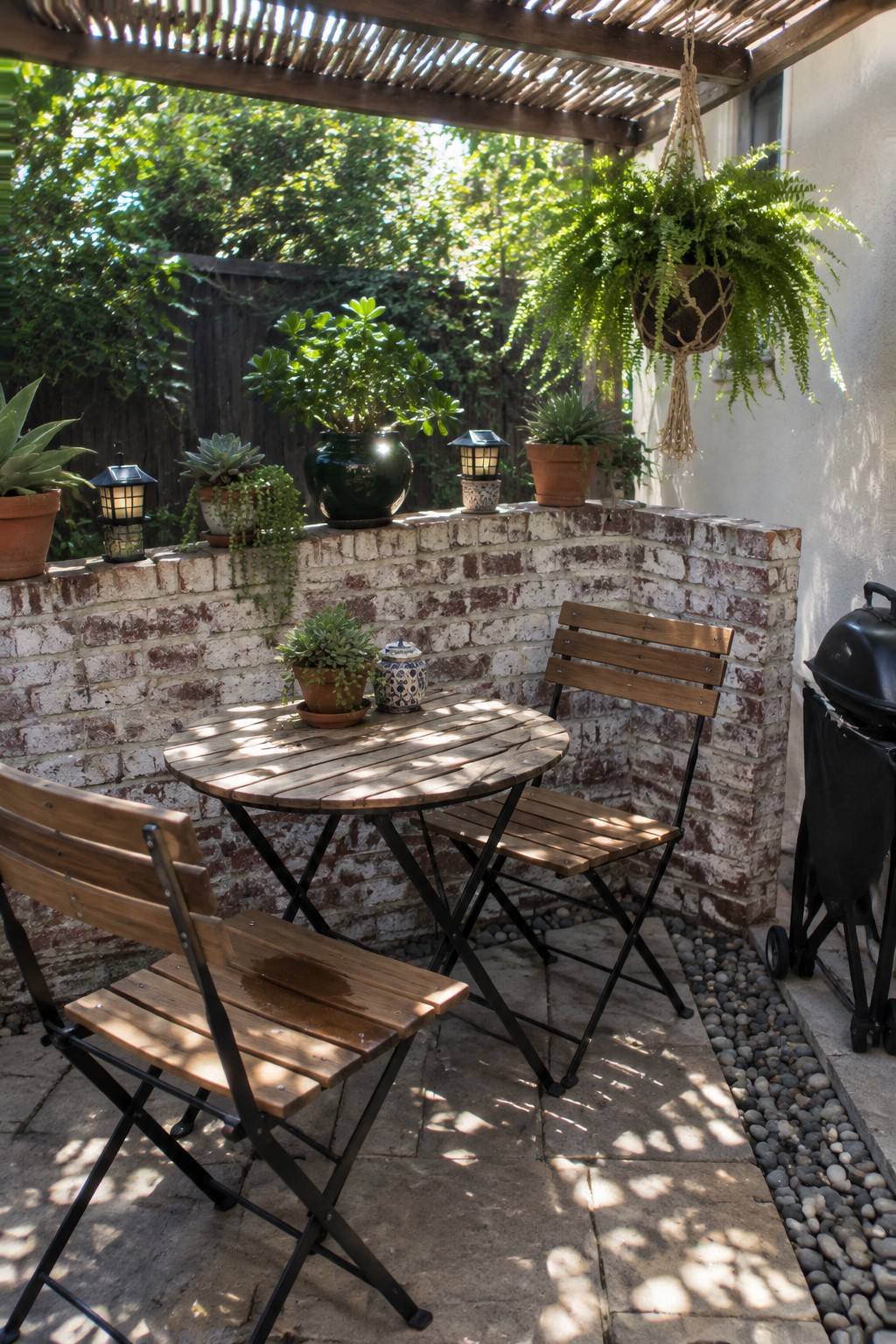 A small paved patio corner with a round wooden table and two folding chairs placed against a brick wall, with potted plants and a hanging fern nearby.