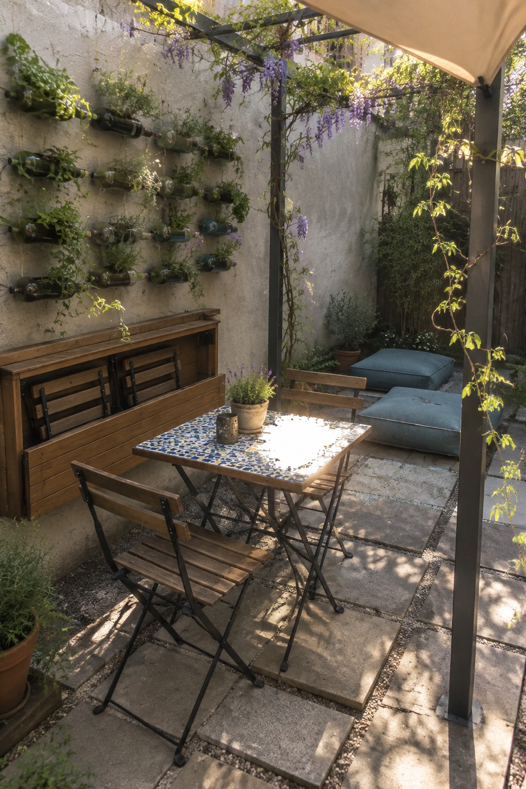 A small paved patio with a mosaic tile table, several wooden folding chairs, a wall of bottle planters, a wooden storage bench, and blue floor cushions under a pergola with hanging vines.