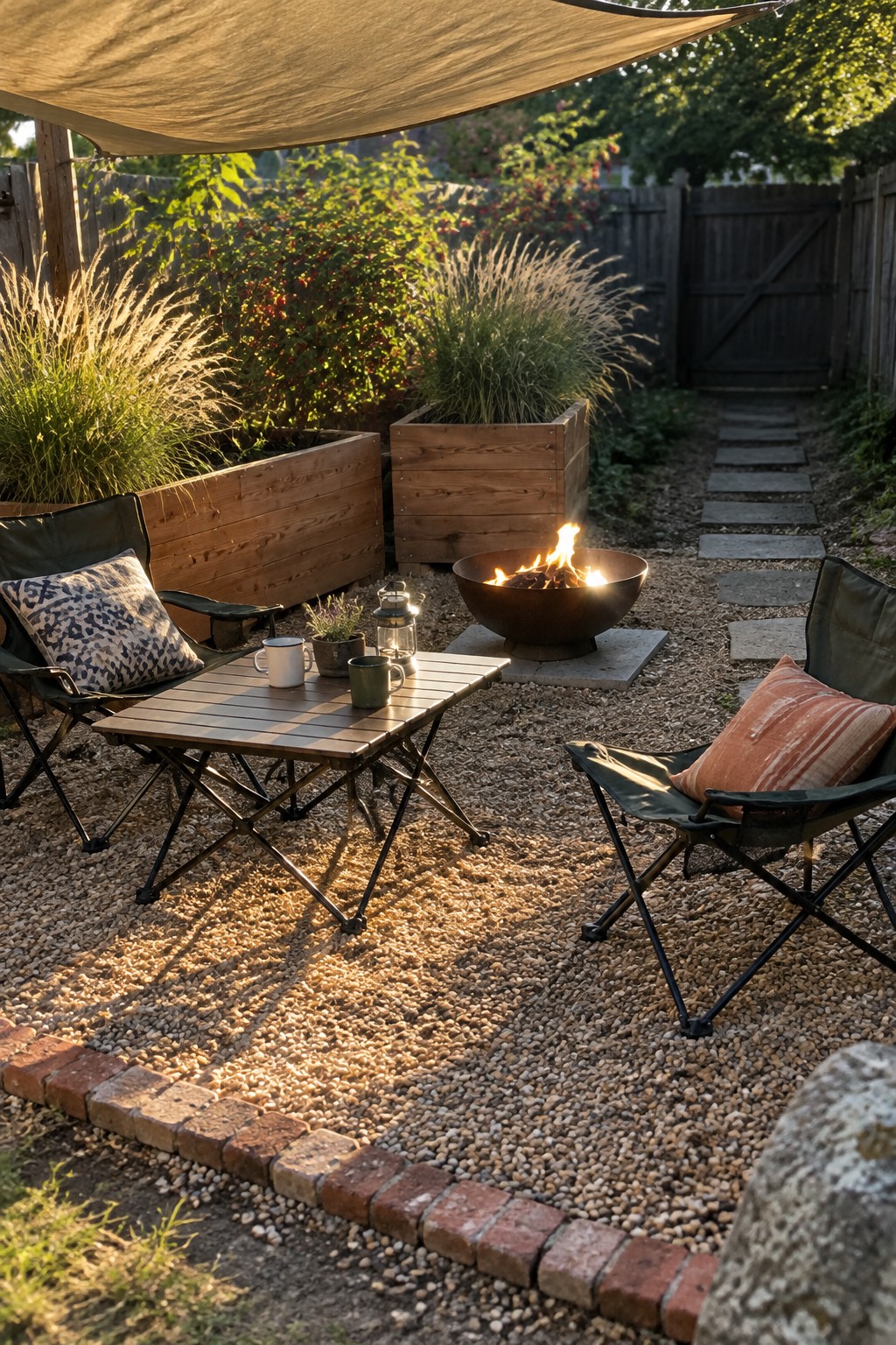 Cozy backyard patio with fire pit, folding chairs, table, and planters under shade sail.