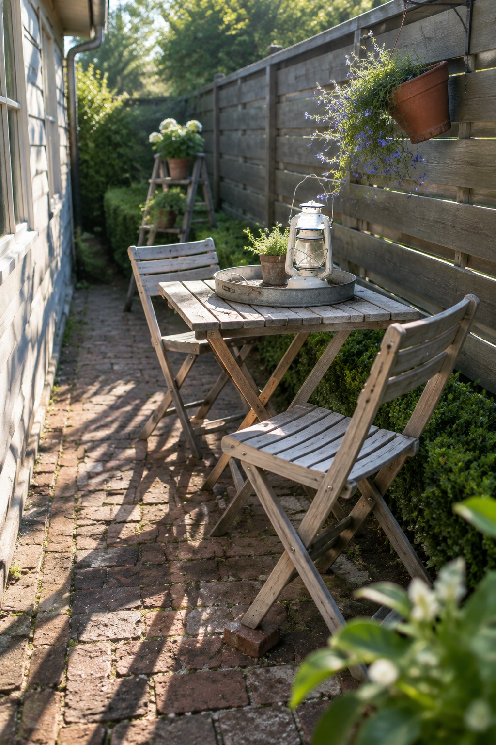 Wooden table and chairs on brick patio with lantern and potted plants by fence