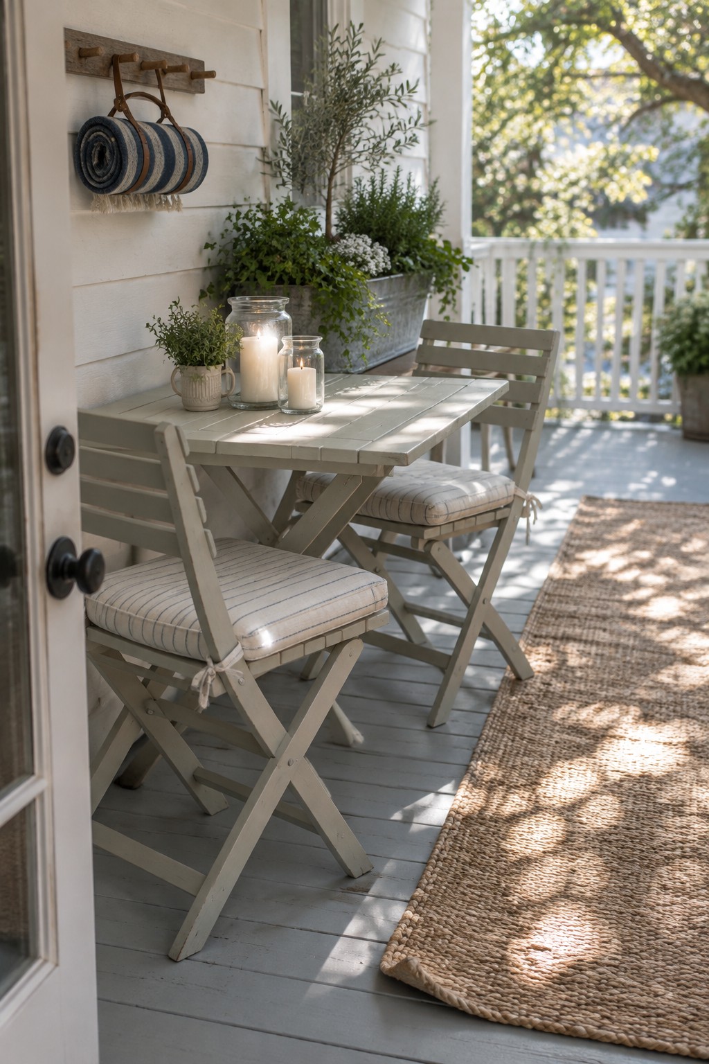 A small outdoor patio with light gray folding wooden chairs and a matching table holding two lit candles, positioned on a wooden deck beside potted plants and a woven rug.