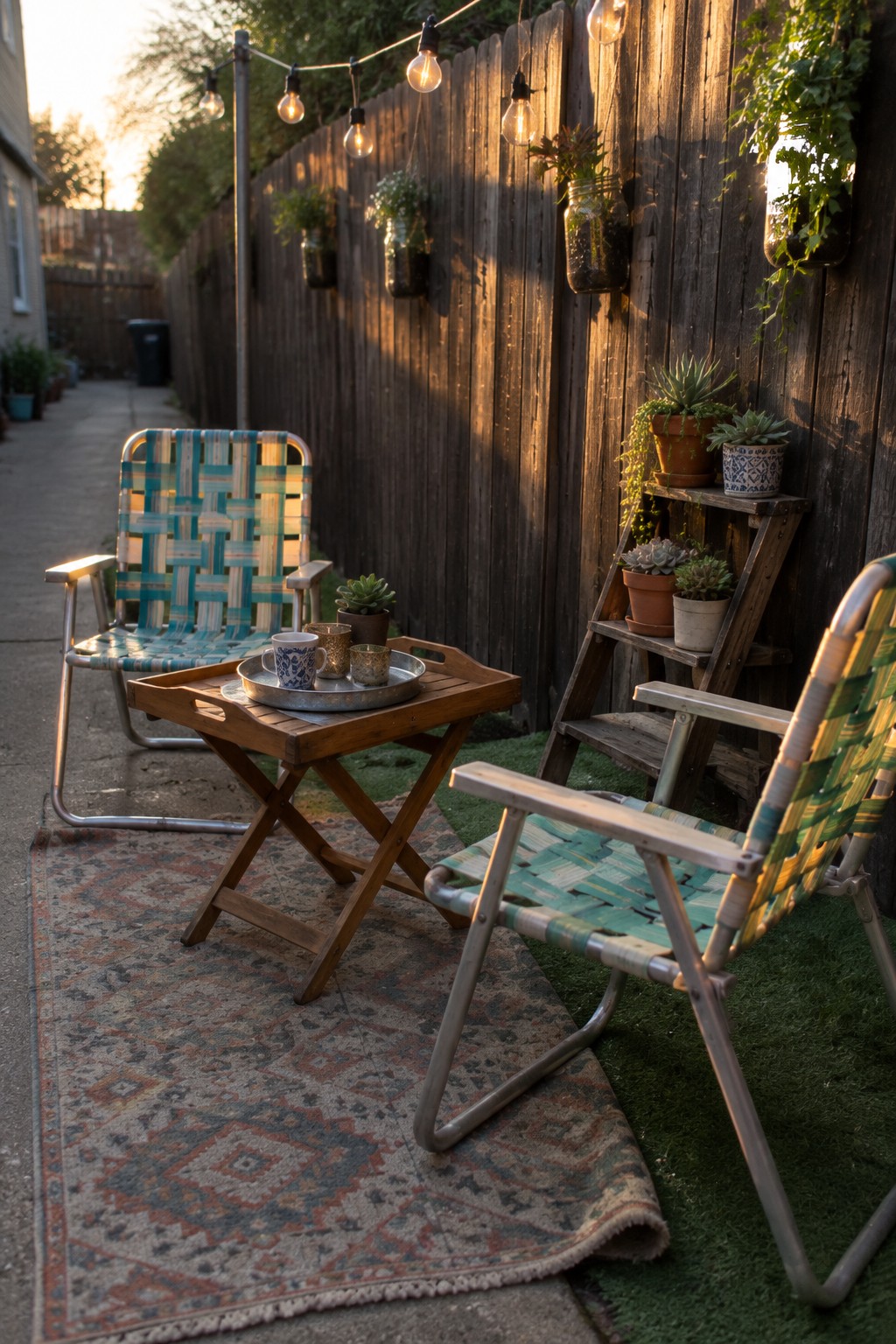 Two folding woven chairs with a small wooden tray table on a patterned rug, set on artificial grass near a wooden fence with string lights and potted plants.