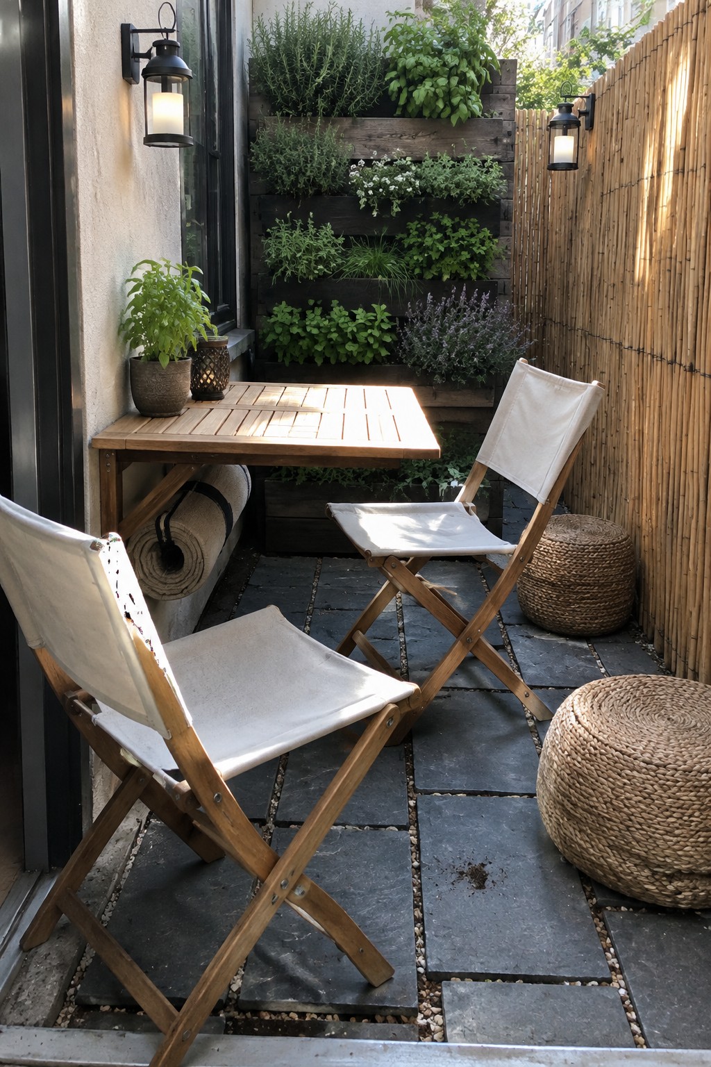 A small outdoor patio with two wooden folding chairs with white canvas seats, a matching folding table, potted plants, vertical wall planters, and woven stools on dark stone pavers.