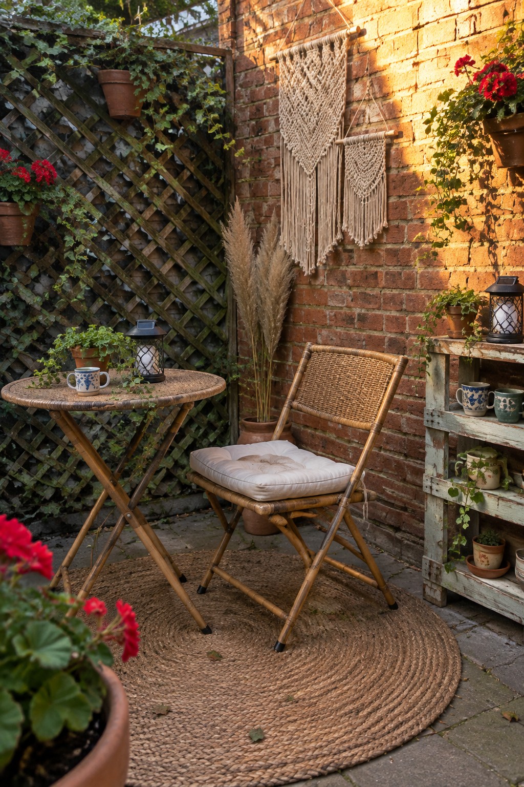A small outdoor patio with a round jute rug, folding bamboo chair with cushion, small round table, potted red flowers, solar lanterns, and macrame hangings on a brick wall.