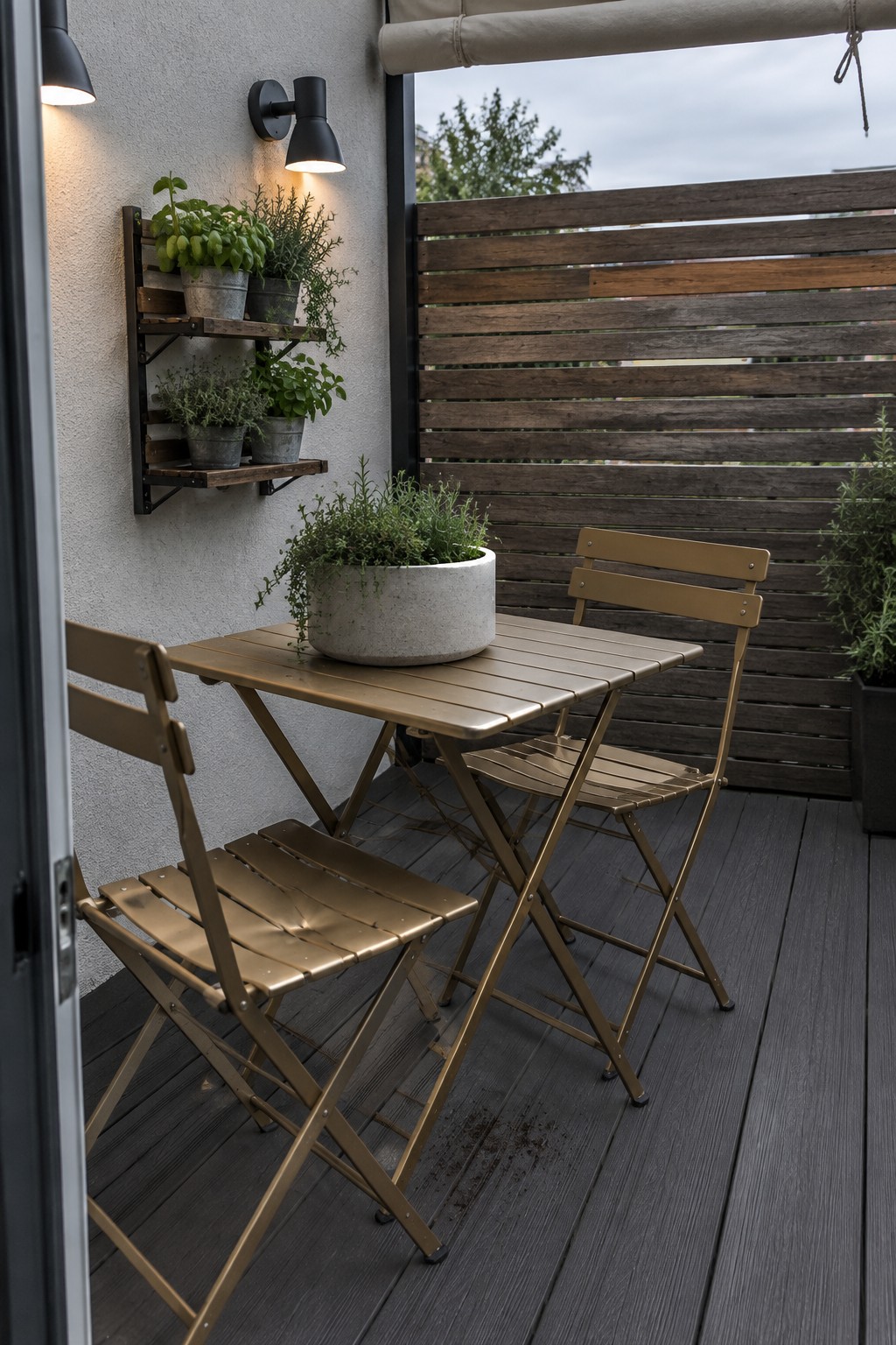 A small balcony with dark wood decking features a round concrete planter centered on a gold folding table, two matching gold folding chairs, wall-mounted wood shelves holding potted herbs, and two black wall sconces.