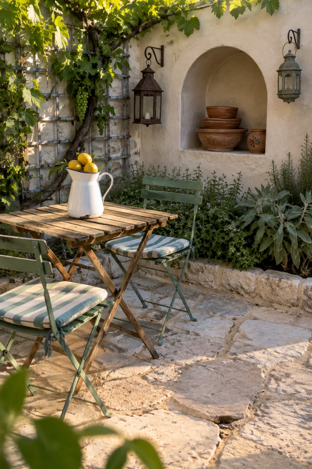 A small stone patio with green folding bistro chairs, a wooden folding table holding a white pitcher, climbing vines on a trellis, and two wall lanterns.