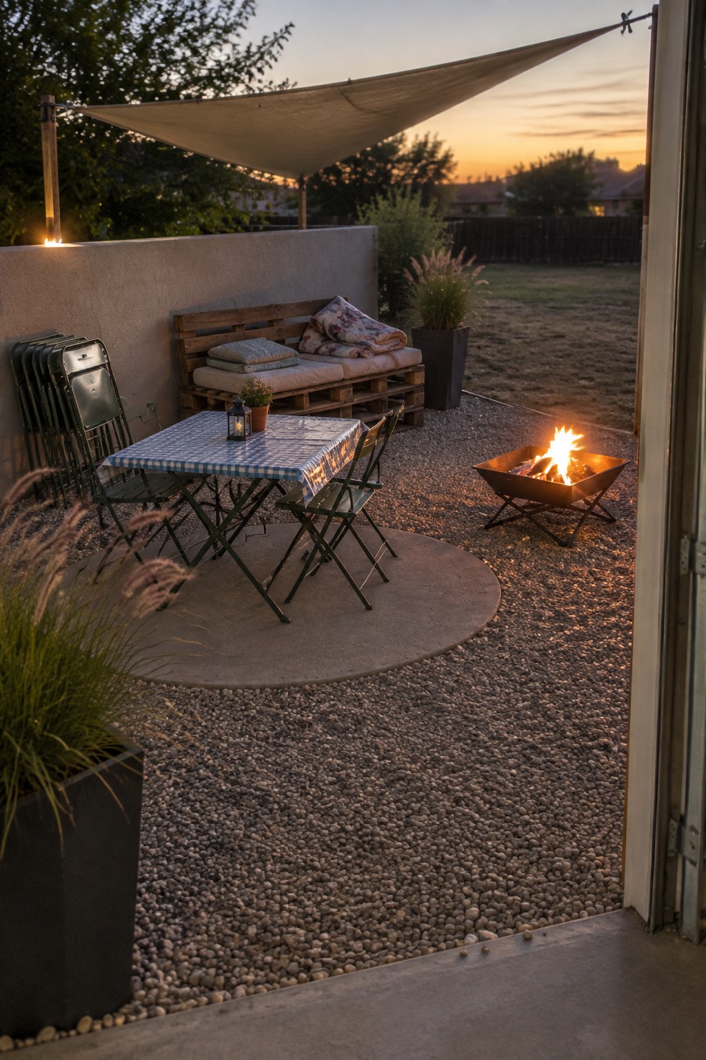 Twilight patio with fire pit, blue-checkered table, green chairs, and pallet seating