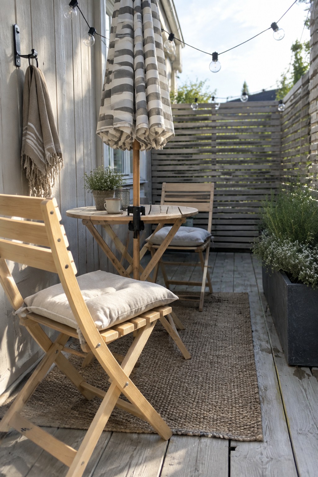 A small wooden deck patio with folding chairs around a round table under a striped umbrella, a woven rug, string lights overhead, and potted plants along the side.