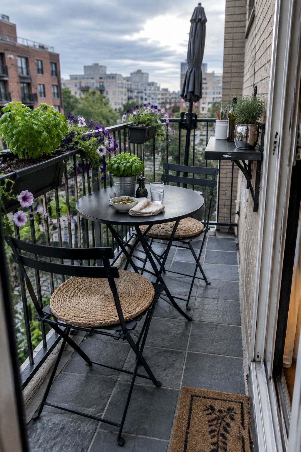 Cozy balcony with black bistro table, woven chairs, potted flowers, and city view