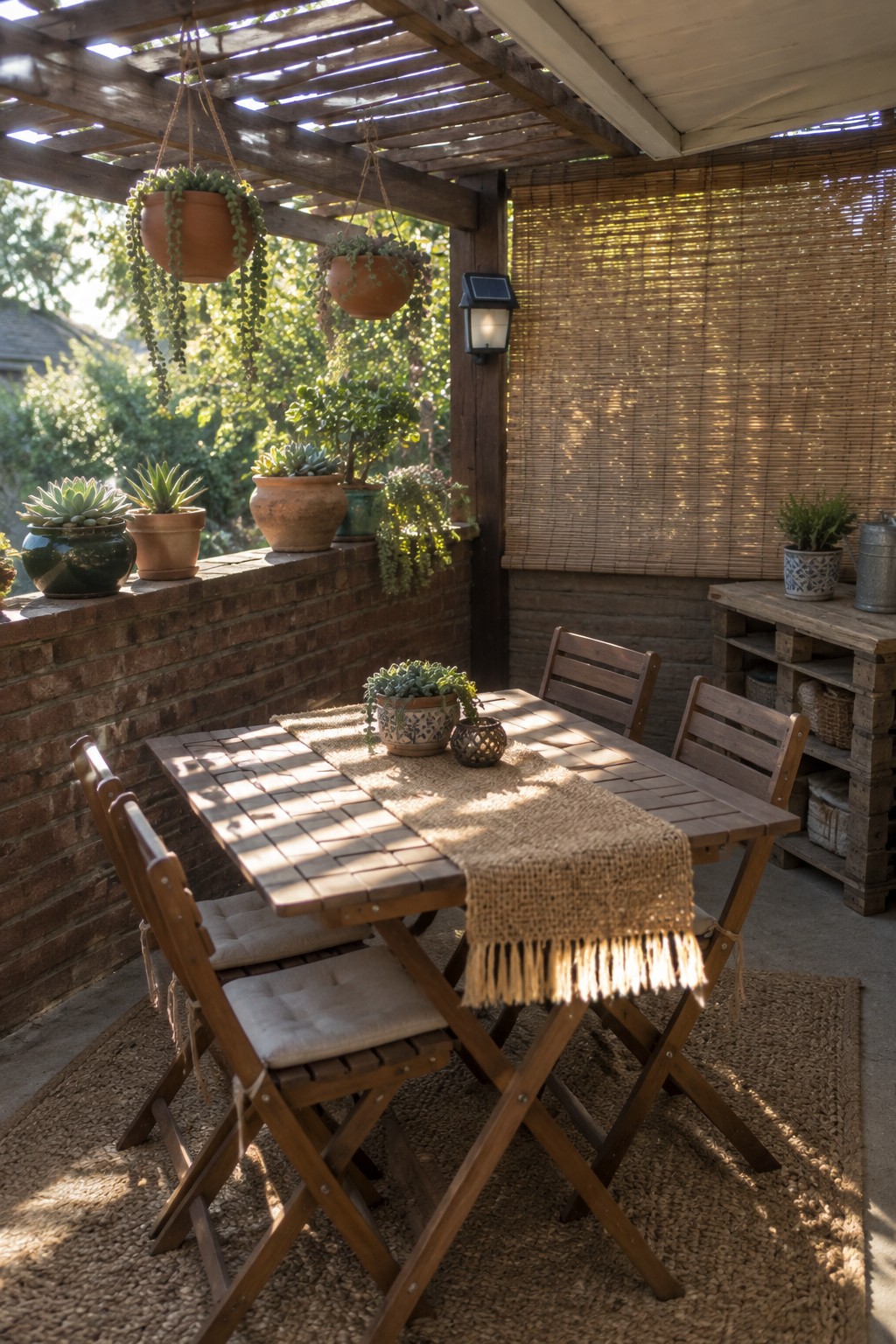 A wooden folding table and four matching chairs sit on a woven rug under a pergola, with potted plants along a brick wall and a burlap runner on the table.