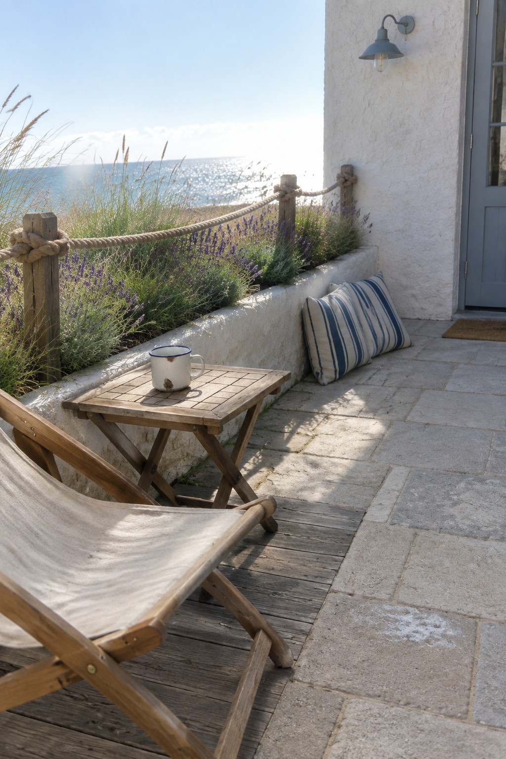 A wooden folding table with a mug and a canvas deck chair on a mixed stone and wood patio beside a white wall with striped cushions and ocean view beyond.