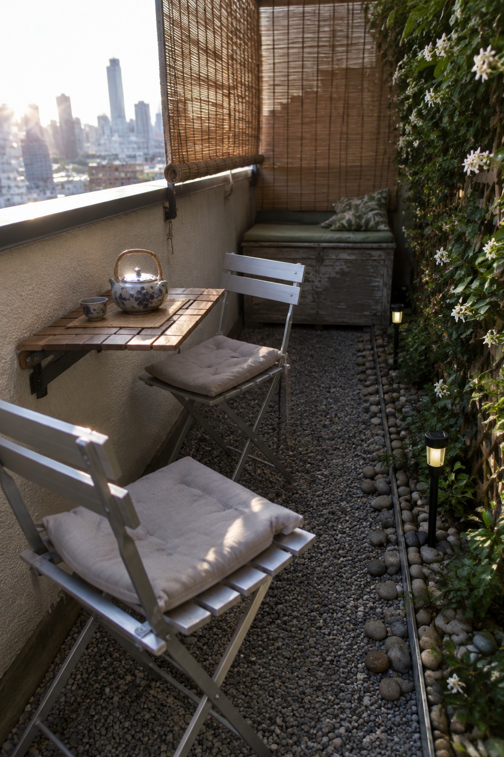 A narrow balcony features two silver folding chairs with beige cushions, a small drop-down wooden table holding a ceramic teapot and cup, gravel ground cover, and a built-in bench with green cushion against bamboo blinds and climbing vines.