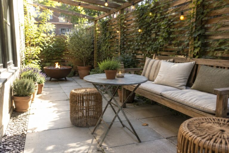 A stone patio under a wooden pergola with string lights, a cushioned bench, round metal table, woven stools, fire pit, and potted plants.